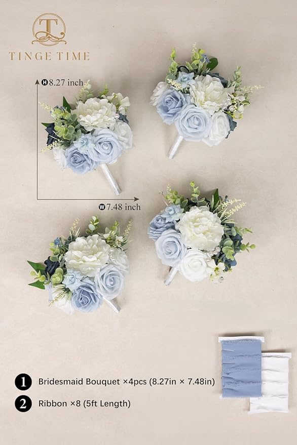 TINGE TIME 7 Inch Artificial Flowers Wedding Bouquets for Bridesmaid, Set of 4, Dusty Blue Bride Tossing Bouquet for Rustic Wedding Ceremony Bridal Shower Rehearsal Dinner Vintage Party