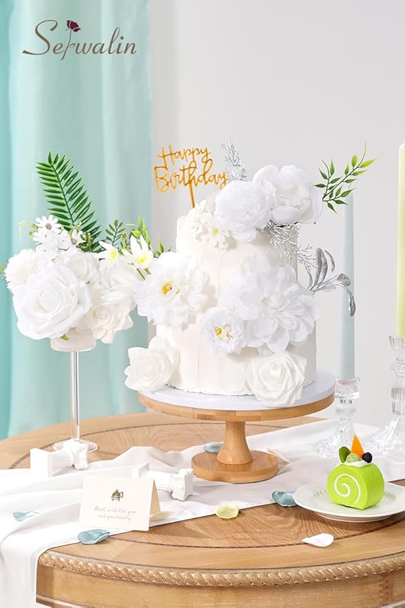 Serwalin White Artificial Flowers, Fake Silk White Flowers for DIY Wedding Bouquets, Wedding Cake Flowers for Table Centerpieces Baby Shower Birthday Party Home Decorations