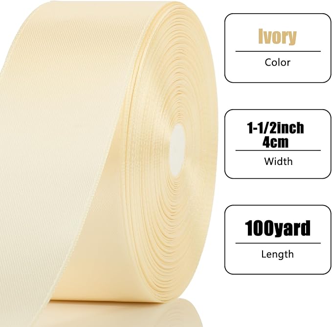 NESCCI 100 Yards Ribbon,1-1/2 Inch Ivory Satin Ribbon,Single Face Satin Ribbons,Perfect for Gift Wrapping,Wedding Decoration,Handmade Bows,Wrapping Bouquet and More