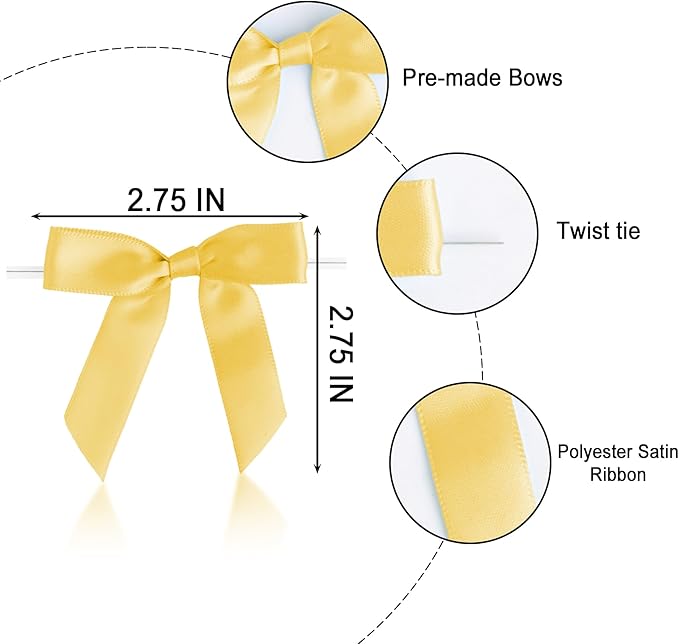 50 PCS Yellow Twist Tie Bows 2.5" Satin Ribbon Bows Decor for Gift Wrapping Craft Treat Bags Cake Pop Basket, Wedding Baby Shower Birthday Party Favors