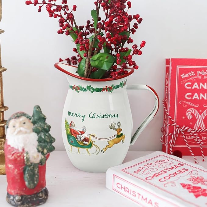 Festive Santa Claus Enamel Vintage Pitcher Vase for Flowers Christmas Decorations Xmas,7.9" L x 5.3" W x 7.5" H Rustic Pitcher Vase,Farmhouse Decor for Kitchen Table Centerpiece,Living Room,Bedroom