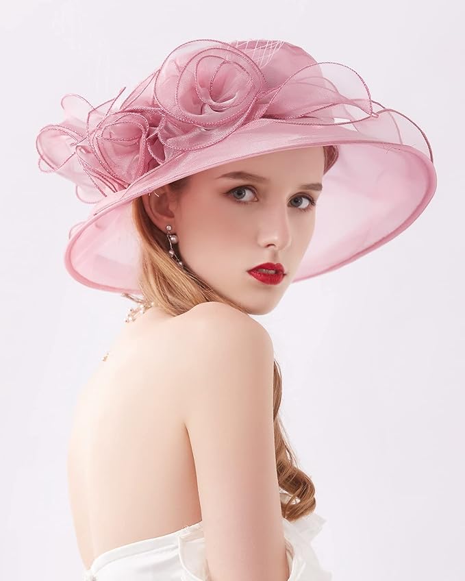Organza Derby Hats for Women Wide Brim Fascinator Hat Rose Flower Wedding Tea Party Hat