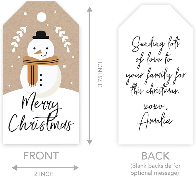 Andaz Press Christmas Holiday Season Classic Gift Tags, Merry Christmas to from Classic Favor Tags, Kraft Brown with Snowman with Scarf Design, for Holiday Events, Parties, and Favors, 60-Pack