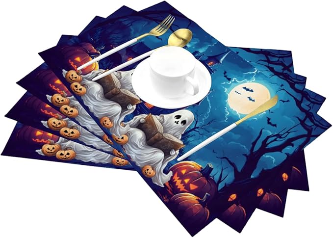 PVC Placemats Set of 6 Wipeable Table Mats Washable Heat Resistant Non Slip Vinyl Dining Table Mat for Kitchen Indoor Outdoor Patio Farmhouse Place Mats Halloween Pumpkin Ghosts Castle Decorative