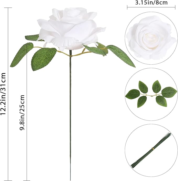 20pcs White Roses Artificial Flowers Fake Roses Real Looking Silk Flowers Bulk Big Faux Roses with Stems for Wedding Centerpieces Table Home Party Decor Bridal Floral Arrangements (White)