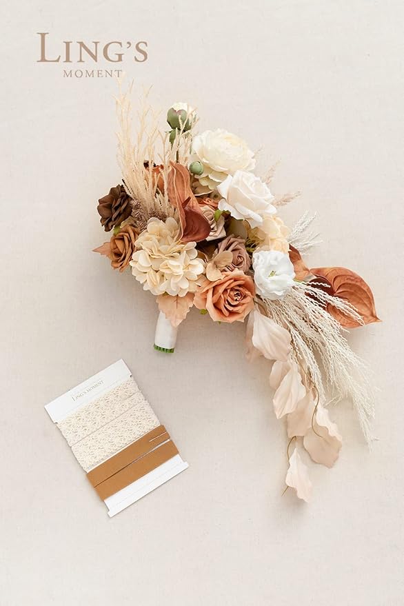 Ling's moment Boho Bridal Bouquet Cascading, Rustic Wedding Bouquets for Bride, 15 Inch Silk Fall Artificial Wedding Flower Bouquet