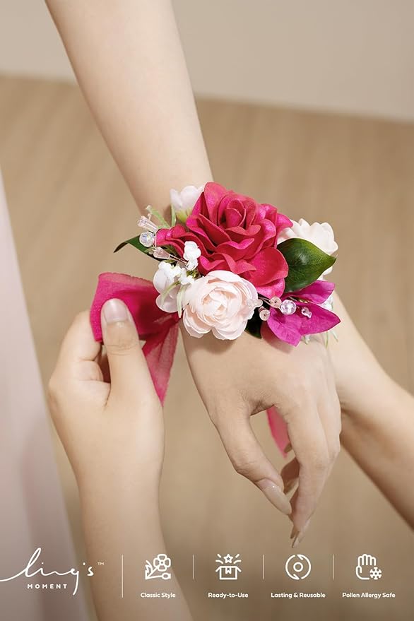 Ling's moment 6pcs Wedding Wrist Corsage Artificial Flowers, Girl/Mother Homecoming Prom Corsages Wristlet Décor, etc. Hot Pink Magenta