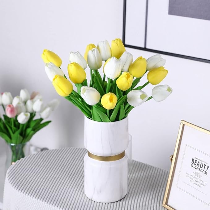 30 Pcs Fake Latex Tulips Artificial Flowers Faux Tulip Stems Real Touch Tulips for Wedding Party Home Easter Decoration (White)