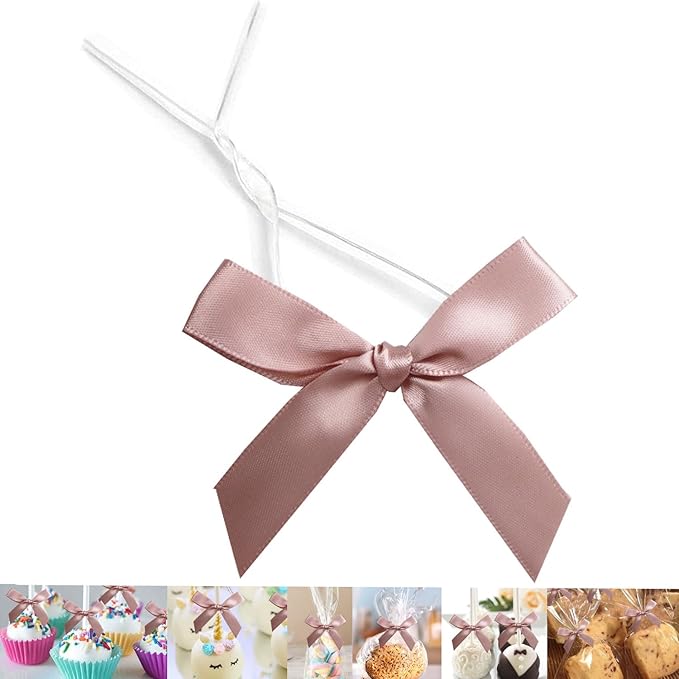 50 PCS 3 Inch Satin Twist Tie Bows, Twist Bows for Treat Bags, Pre Tied Bows with Wire, Ribbon Bows with Twist Ties, Bow Ties for Gift Bags, Popcorn Bags, Cookie Bags, Party Favors(Vanilla)