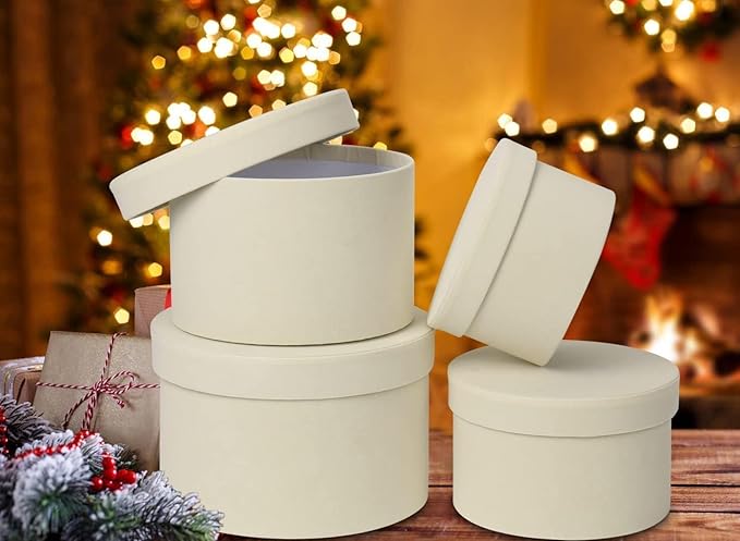GnFlus Round White Gift Boxes with Lids for Presents Set of 4 Velvet Nesting Gifts Box for Arrangements Flowers Wedding Birthday Mothers Valentines Bridesmaid Christmas Party Anniversary