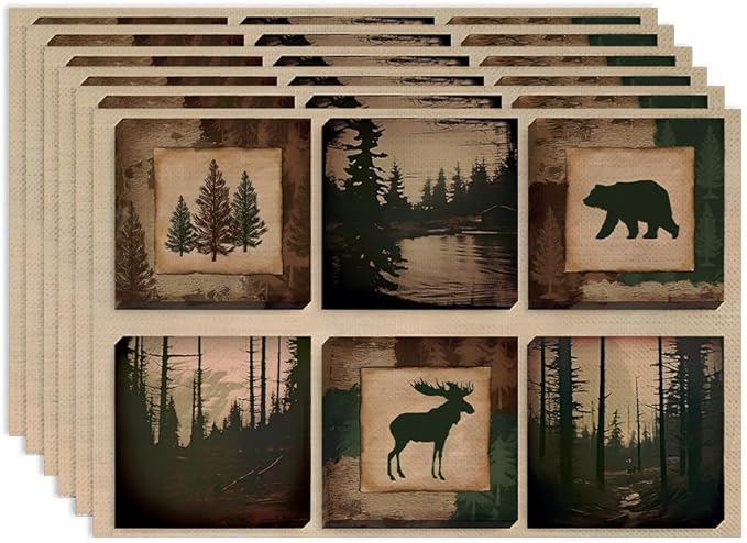 Rustic Lodge Bear Deer Placemats Set of 6, Vintage Cabin Pine Cone Plaid Place Mats, Heat Resistant Non Slip Cotton Linen Dining Table Mats for Home Kitchen Decor 18x12 Inch