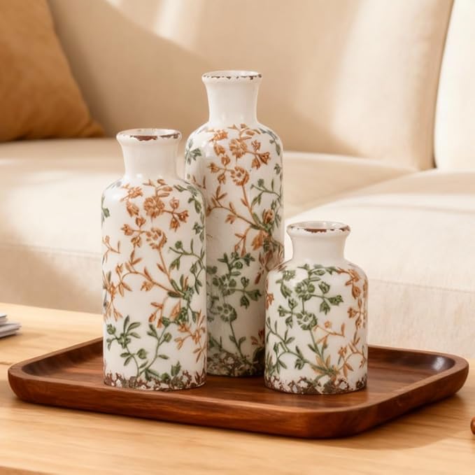 Farmhouse Ceramic Vase Set of 3 – Rustic Floral Pattern Decorative Vases for Home Decor, Vintage Country Style Table Centerpieces for Living Room, Shelf, Mantel & Entryway Decoration