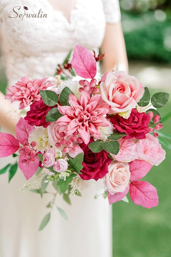 Serwalin Artificial Hot Pink Silk Flowers for Home Decor - DIY & Wedding Flowers - Table Centerpieces & Cake Decorations