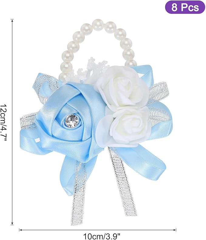 MECCANIXITY 8Pcs Wrist Corsage Artificial Flower Bracelets Rose Wrist Bride Groom Decorative for Wedding Ceremony Prom Party Anniversary Sky Blue