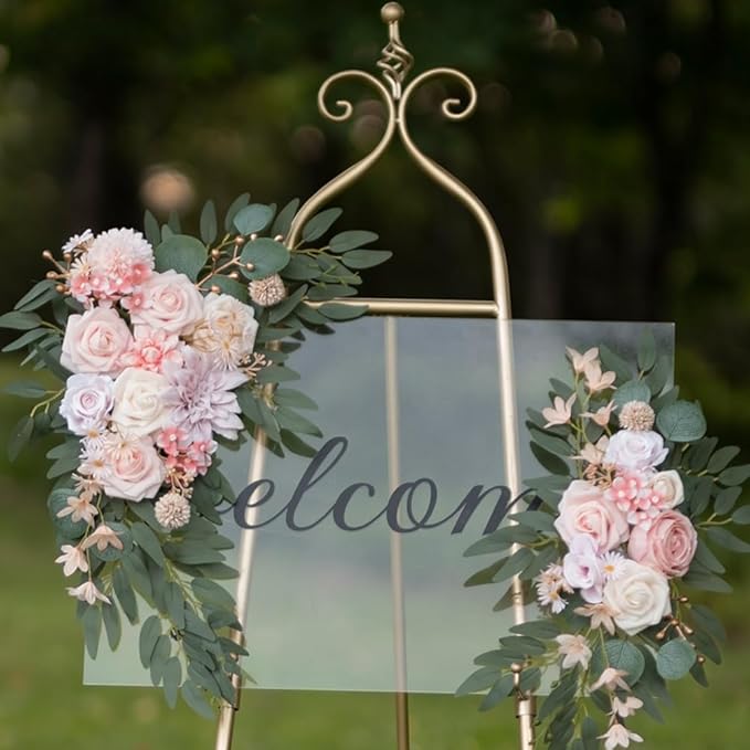 Artificial Flower Swag Wedding Arch Flowers Set of 2 Rose Flower Swag Arrangements for Wedding Party Welcome Ceremony Sign and Reception Backdrop Floral Decoration (Pink)