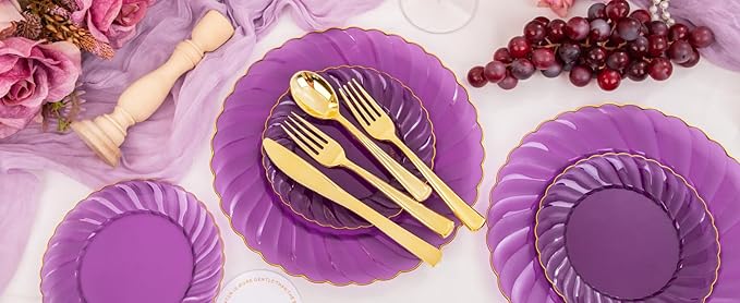 YOUBET 125PCS Purple Plastic Dinnerware Set - Gold and Clear Purple Disposable Plates Include 50 Plastic Plates 75 Silverwares for Wedding Birthday Parties