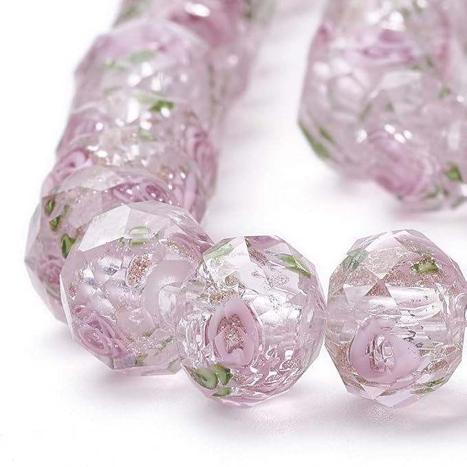 PH PandaHall 60pcs 8~10mm Pink Rose Lampwork Beads Gold Sand Glass Beads Flower Glass Beads 1.5~2mm Hole Floral Handmade Lampwork Beads Round Loose Beads for Rosary Making Jewelry Craft Making