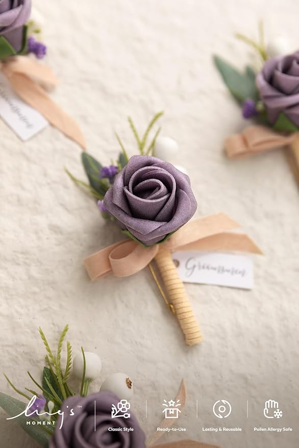 Ling's moment Boutonniere for Men, 6pcs Groom Groomsmen Boutonniere, Artificial Flowers for Wedding Decor/Prom/Homecoming, etc.Lilac Berry