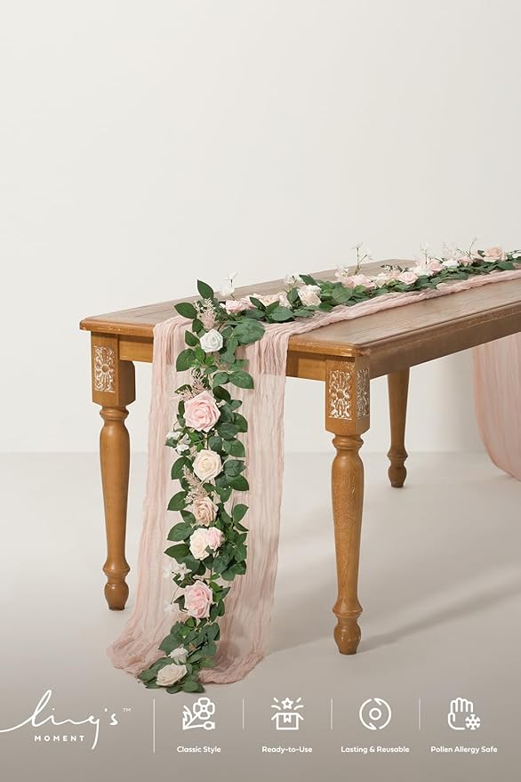 Ling's moment 5FT Blush Artificial Flower Garland Fake Pink Rose Leaves Floral Garland Arch Flowers Vine for Wedding Party Backdrop Decor Mantel Home Table Centerpieces Wall Decorations