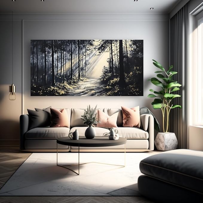 LAVIKARS Rustic Sunlight Forest Wall Art for Living Room Office Black and White Modern Landscape Canvas Painting Prints Large Nature Artwork Home Kitchen Bedroom Decor (23x46 Inches)