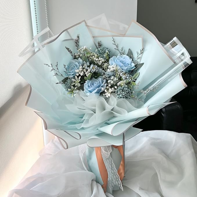 WRAPAHOLIC 20 Sheets Flower Wrapping Paper - 22.4 x 22.4 inch Gold Trim Light Blue Water-Resistant Floral Bouquet Wrapping Paper, Florist Supplies Packaging Paper for Wedding Birthday Gift DIY