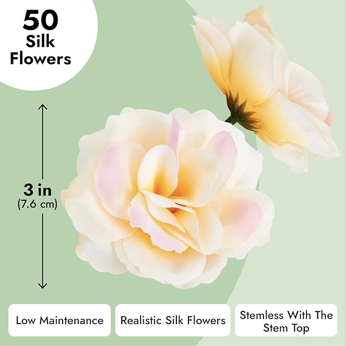 Bright Creations Artificial Roses - 3-Inch Champagne, 50-Pack Stemless Silk Heads - Silk Roses for Wedding DIY Bouquets - Gold Flowers for Centerpieces & Home Decor