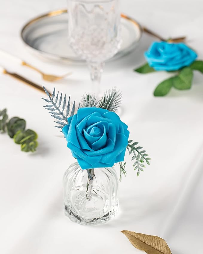 DuHouse 25Pcs Artificial Roses Flowers Fake Roses with Stems Real Touch Foam Flowers for DIY Wedding Bouquet Baby Shower Centerpiece Floral Arrangement Party Home Decor(Middle Blue)