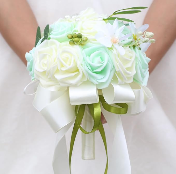Lightweight Bridal Wedding Bouquet Round Holding Bouquet Throw Toss Artificial Rose Flower Bunch for Bride Bridesmaid Wedding Quinceanera (Cream & Light Cyan, 7.9")