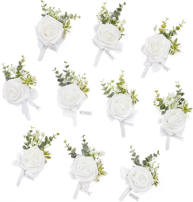 TINGE TIME Boutonniere for Men Wedding,Groom and Best Man Boutonniere for Wedding Ceremony Anniversary, Formal Dinner Party and Rustic Spring Wedding Marriage (10, Virginal White)