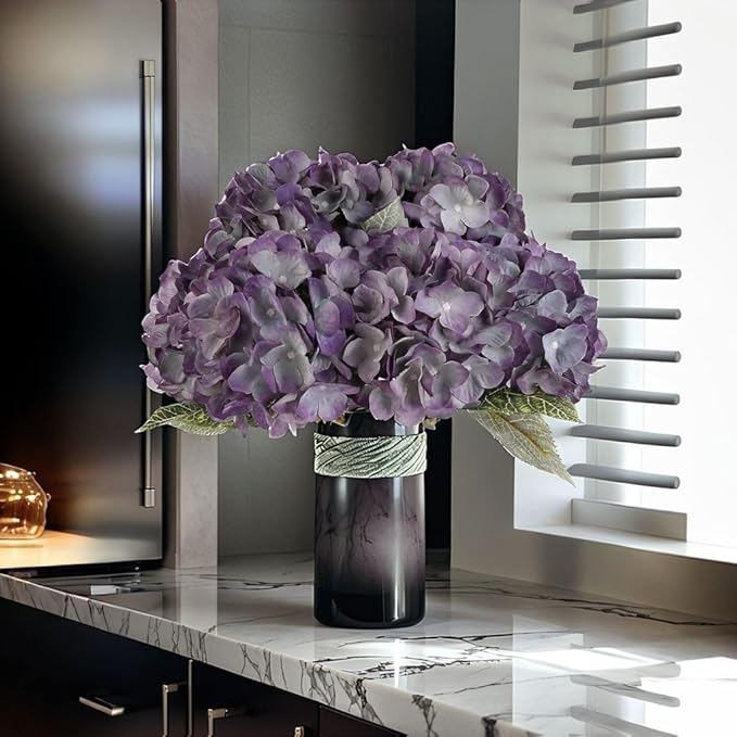 2Bouquets Artificial Fake Flowers Plants Silk Hydrangea Arrangements Wedding Bouquets Decorations Plastic Floral Home Kitchen Garden Party Festival Bar DIY (Grey Purple)