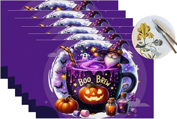 PVC Placemats Set of 6 Wipeable Table Mats Washable Heat Resistant Non Slip Vinyl Dining Table Mat for Kitchen Indoor Outdoor Patio Farmhouse Place Mats Purple Halloween Magic Cauldron Decorative