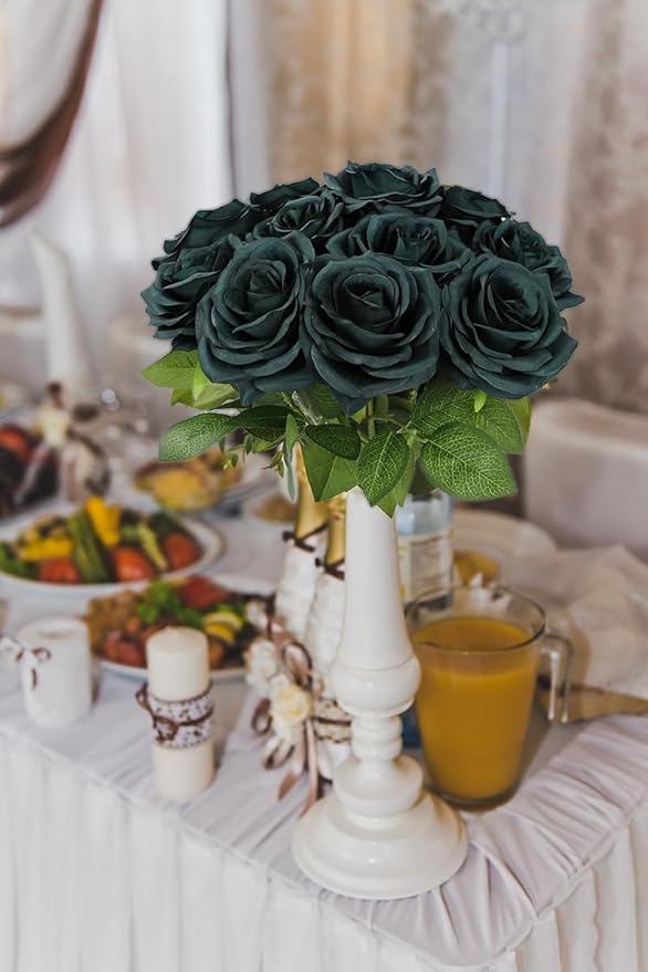 12pcs Artificial Rose Flower Dark Green Rose Emerald Green Flower with Long Stem Silk Roses Bouquet for Wedding Bridal Shower Party Home Decoration