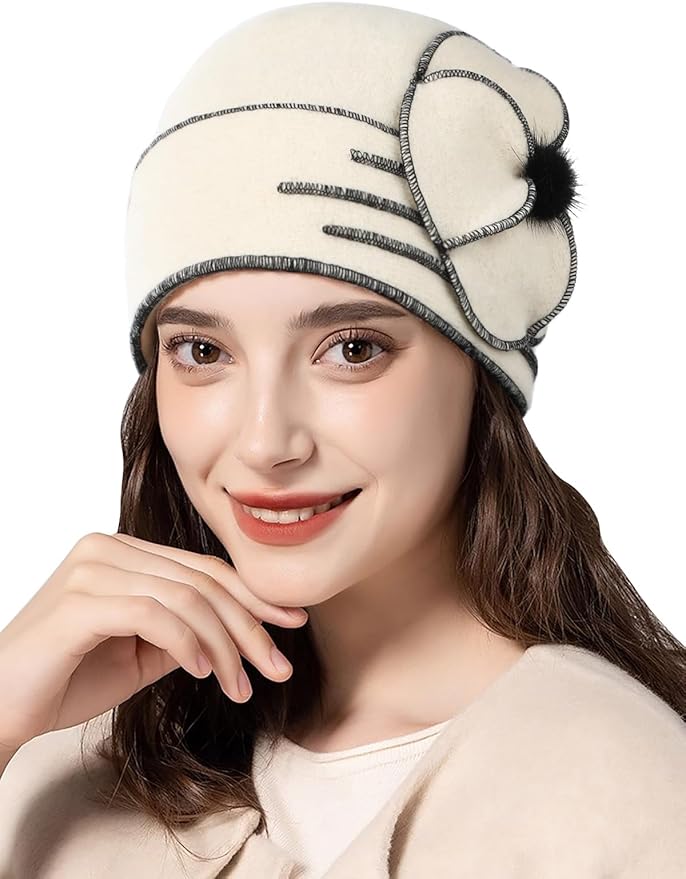 Sumolux Beanie Hats for Women Wool Skull Cap Beret Floral Cuffed French Vintage Dress Cloche Classic Winter 1920s