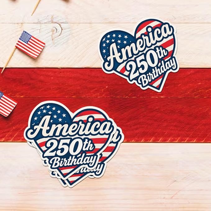 HANDICHI Design 5-Pack 4 Inch America 250th Birthday Stickers – Patriotic Heart-Shaped USA Flag Vinyl Decals – Waterproof 1776–2026 Independence Day Stickers for USA 250th Anniversary Celebration