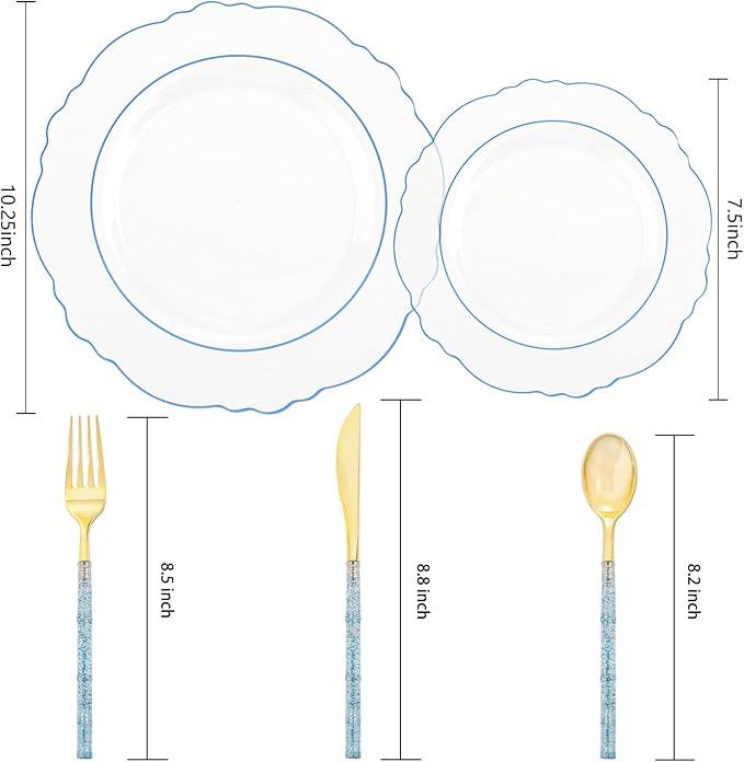 Liacere 150PCS Clear and Blue Plastic Plates-Clear and Blue Disposable Plates with Glitter Bamboo Handle Cutlery-60 Baroque Elegant Plates, 30 Forks, 30 Spoons, 30 Knives for Wedding＆Christmas