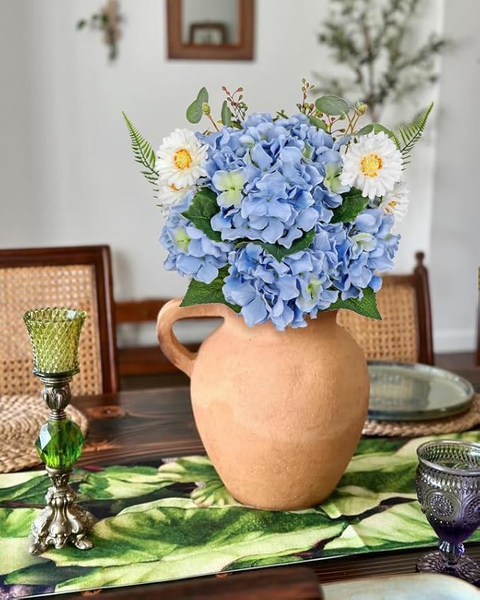 Hydrangea Artificial Flowers 12PCS Blue Fake Flowers Faux Hydrangea Daisies Silk Arrangements Realistic Faux Flowers for Vase Floral Centerpiece Arrangements Wedding Bridal Bouquet Party Home Decor