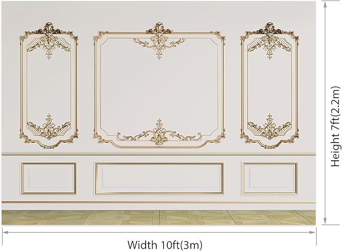 AOFOTO Vintage Room Inside Backdrop Modern French Classic Frame White Walls Gold Embossed Floral Photo Background Wedding Bridal Shower Reception Drama Portrait Photoshoot Backdrop Props 10x7ft