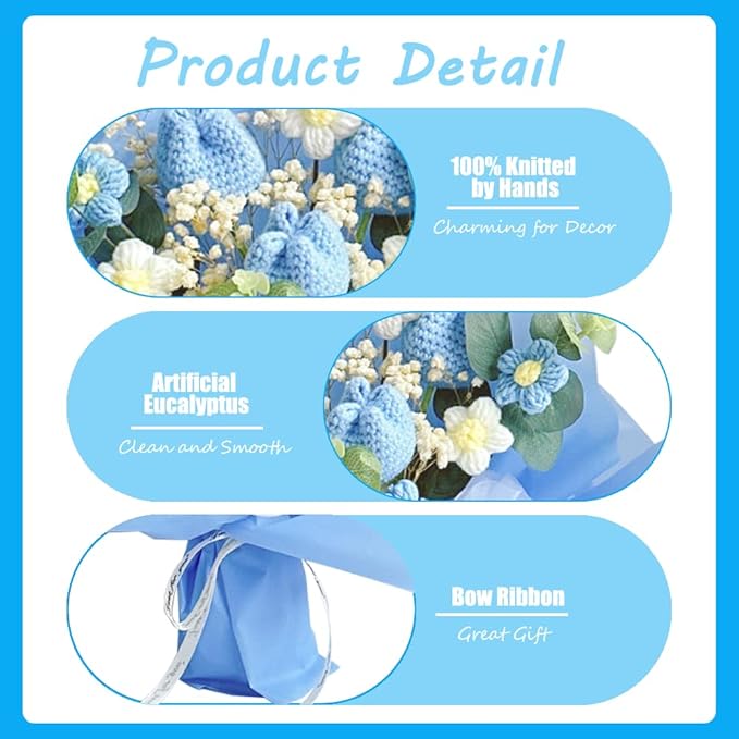 Crochet Flower Tulip Bouquet: Handmade Artificial Flower Knitted Sunflower Bouquet for Festival Wedding Graduation Anniversary (Blue)