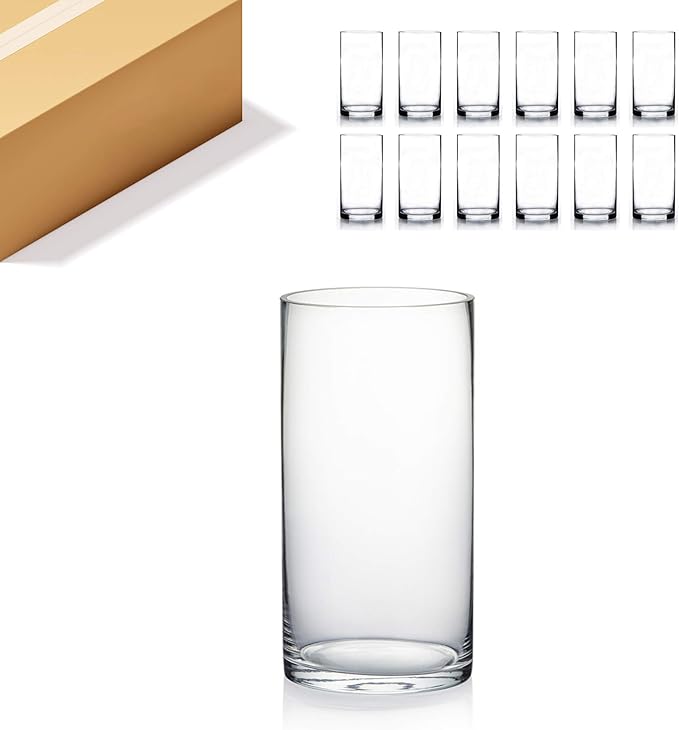 WGV Cylinder Vase Bulk, Diameter 5", Height 10", Clear Glass Floral Planter Container, Floating Candle Holder for Wedding Party Event Home Office Decor, 12 Pieces