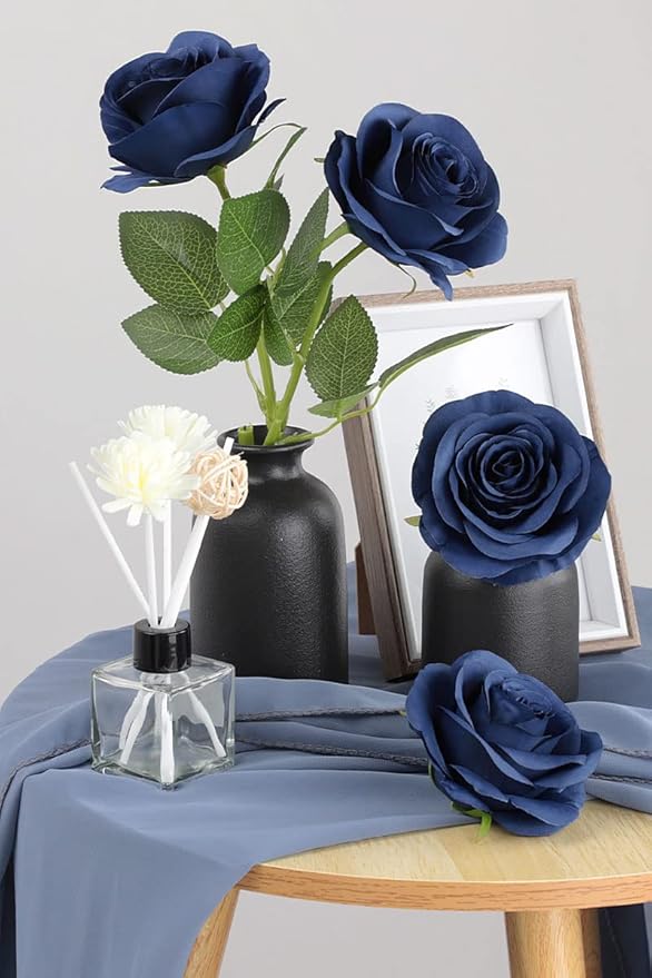 12pcs Roses Artificial Flowers Navy Blue Fake Roses Flowers with Long Stems Silk Flowers for Wedding Bouquet Centerpices Decorations Party Bridal Baby Shower Home Decor