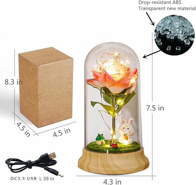 Pink Roses from Daughter for Mom Mothers Day, Beauty and The Beast Rose, with LED Light Up Rose in Dome, for Wife Grandma Christmas Day Valentine Day Birthday for Her Gift (1 Pink Rabbit)