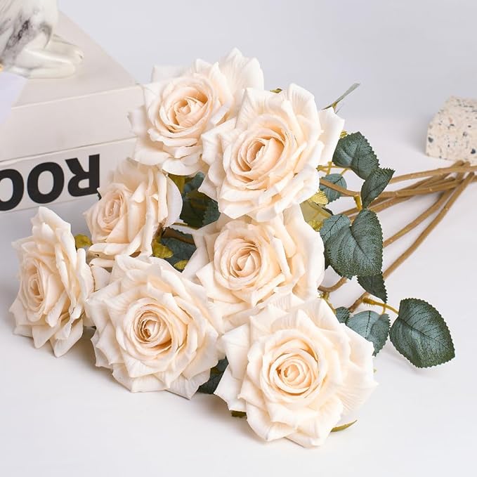3.1"(8cm) Manta Rose Artificial Flower 7pcs Realistic Faux Silk Roses Fake Flowers Bouquets Arrangements Decor for Wedding Spring Mother's Day, Home Table Decorations, Beige Flower