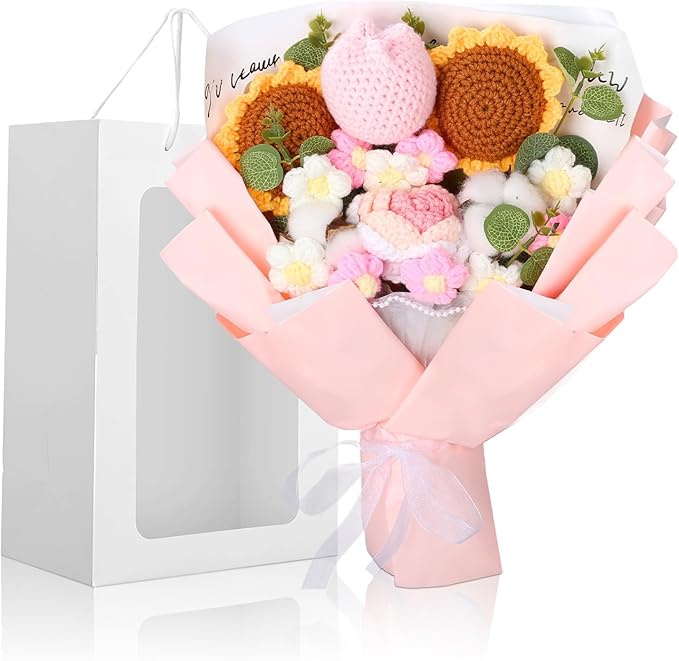 Foyucool Crochet Flowers Bouquet, Handmade Knitted Sunflower Bouquet with Gift Bag for Home Deocor, Crocheted Finished Flower for Wedding, Mother's Day, Teachers' Day and Valentine's Day, Orange