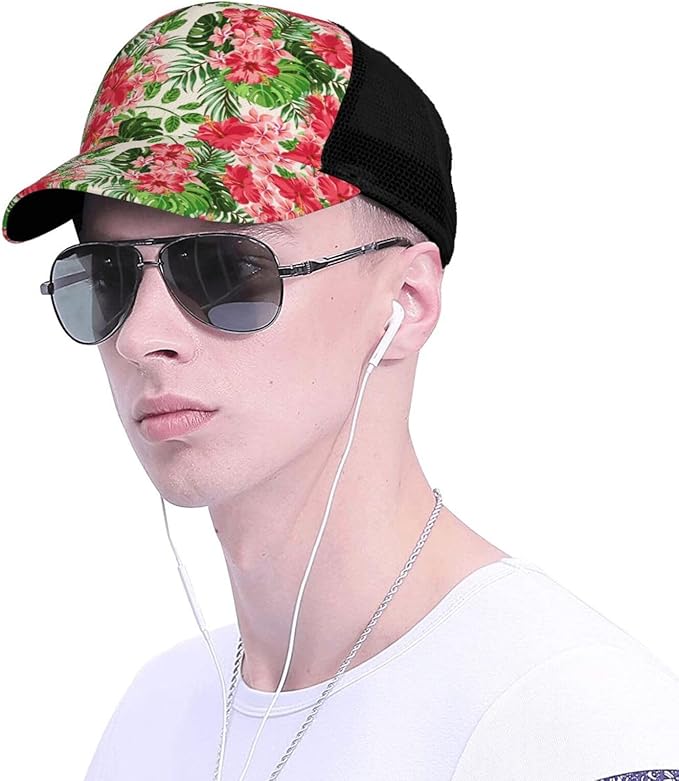 Tropical Pink Flowers Hats Women Men Hawaii Trucker Hat Adjustable Snapback Mesh Baseball Cap Hat