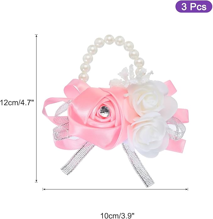 MECCANIXITY 3Pcs Wrist Corsage Artificial Flower Bracelets Rose Wrist Bride Groom Decorative for Wedding Ceremony Prom Party Anniversary Pink