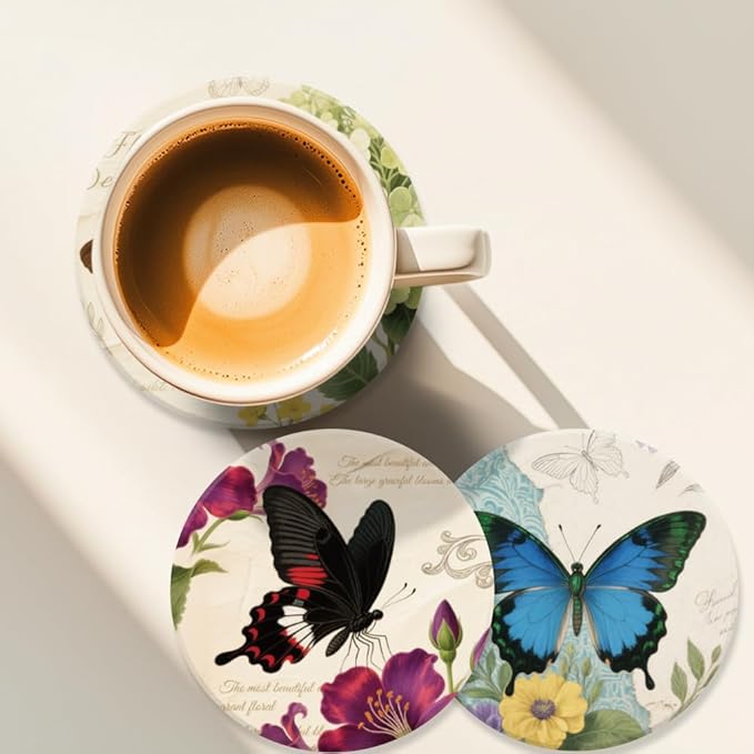 ANATTASOUL Coasters Set of 9 Vintage Floral and Butterfly Pattern Colorful Wooden Coasters Bulk Round Housewarming Gift for New Home, 3.9" Decorative Coffee Table Protection for Farmhouse Bar Decor