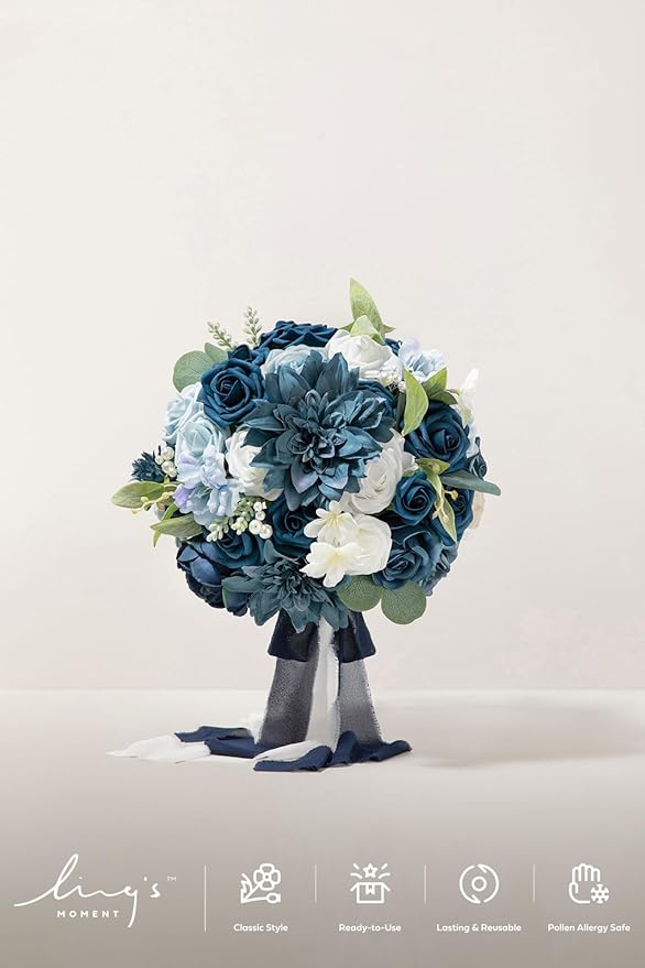Ling's moment Navy Blue Bridal Bouquet for Bride, Blue Wedding Bouquets for Bride, 13 Inch Silk Round Artificial Wedding Flowers Bouquets