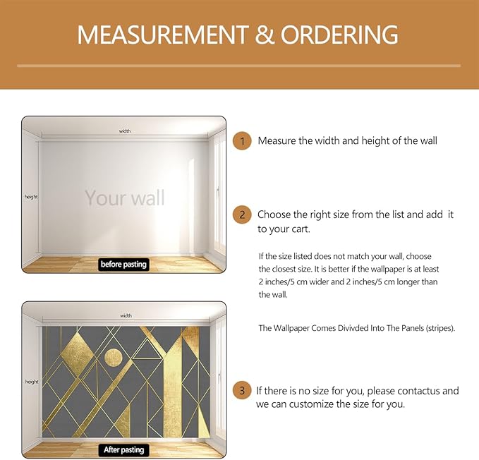Geometric Mural Wallpaper Gray and Gold Wall Murals for Living Room or Office Decor（Not Peel and Stick）