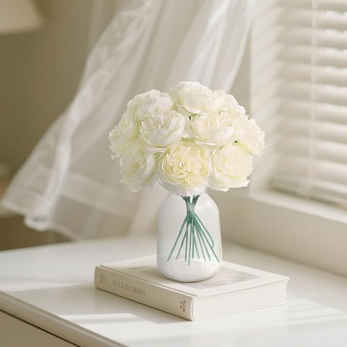 12 PCS Artificial Silk Ivory Peony Flowers with Stems - 8 Inch Fake Peony Bouquet for Wedding, Home Decor, Office Table, Festival Gifts