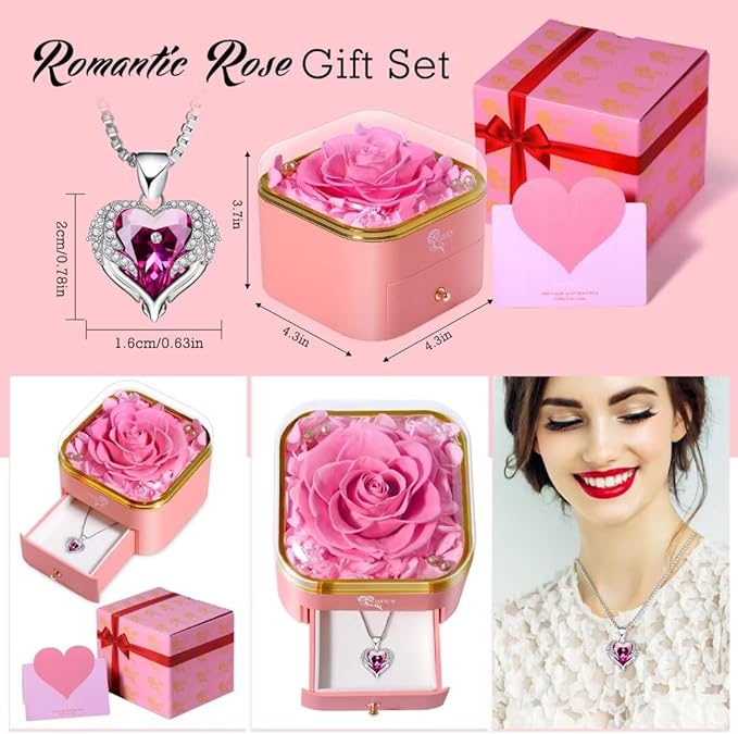 Chritmas Rose Gifts for Women,Preserved Rose with Necklace Forever Flowers Pink Rose Birthday Gifts for Women Mom Grandma Her Wife Girlfriend on Christmas Valentines Day Anniversary Birthday Gifts